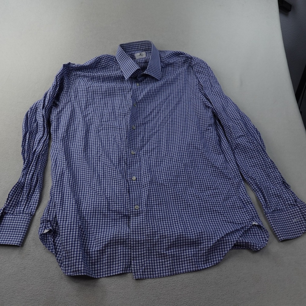 Ermenegildo Zegna Shirt Mens 44 17.5 Blue White Check Long Sleeve Made in Turkey